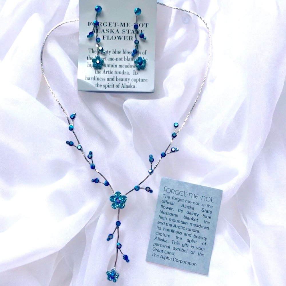 Forget Me Not Dainty Blue Aurora Floral Necklace & Earrings